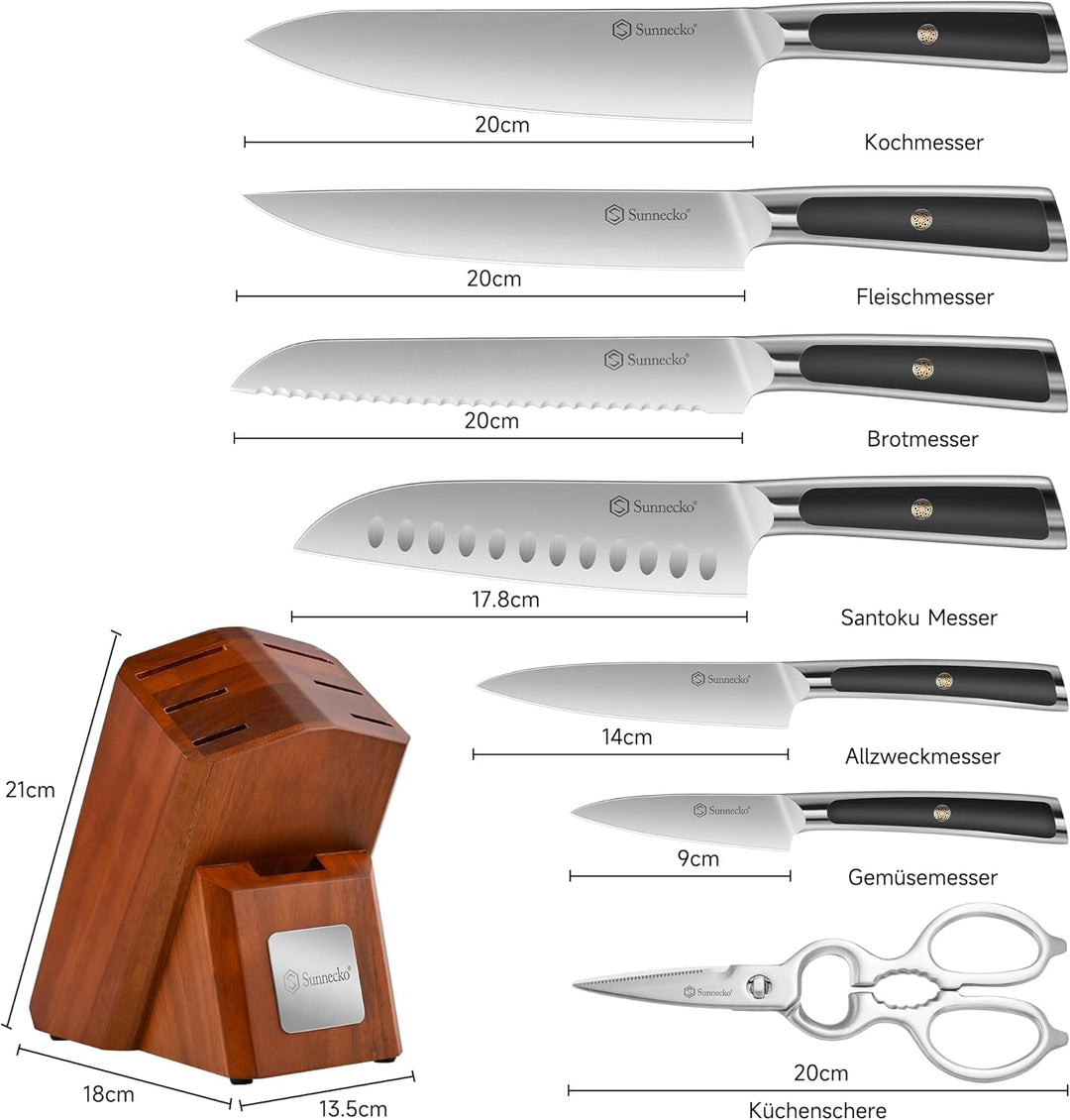 Sunnecko Messerblock set 8 teilig - Küchenmesserset mit hohem Kohlenstoffgehalt Edelstahl, Block Mes