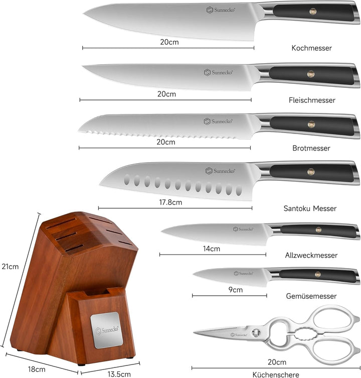 Sunnecko Messerblock set 8 teilig - Küchenmesserset mit hohem Kohlenstoffgehalt Edelstahl, Block Mes
