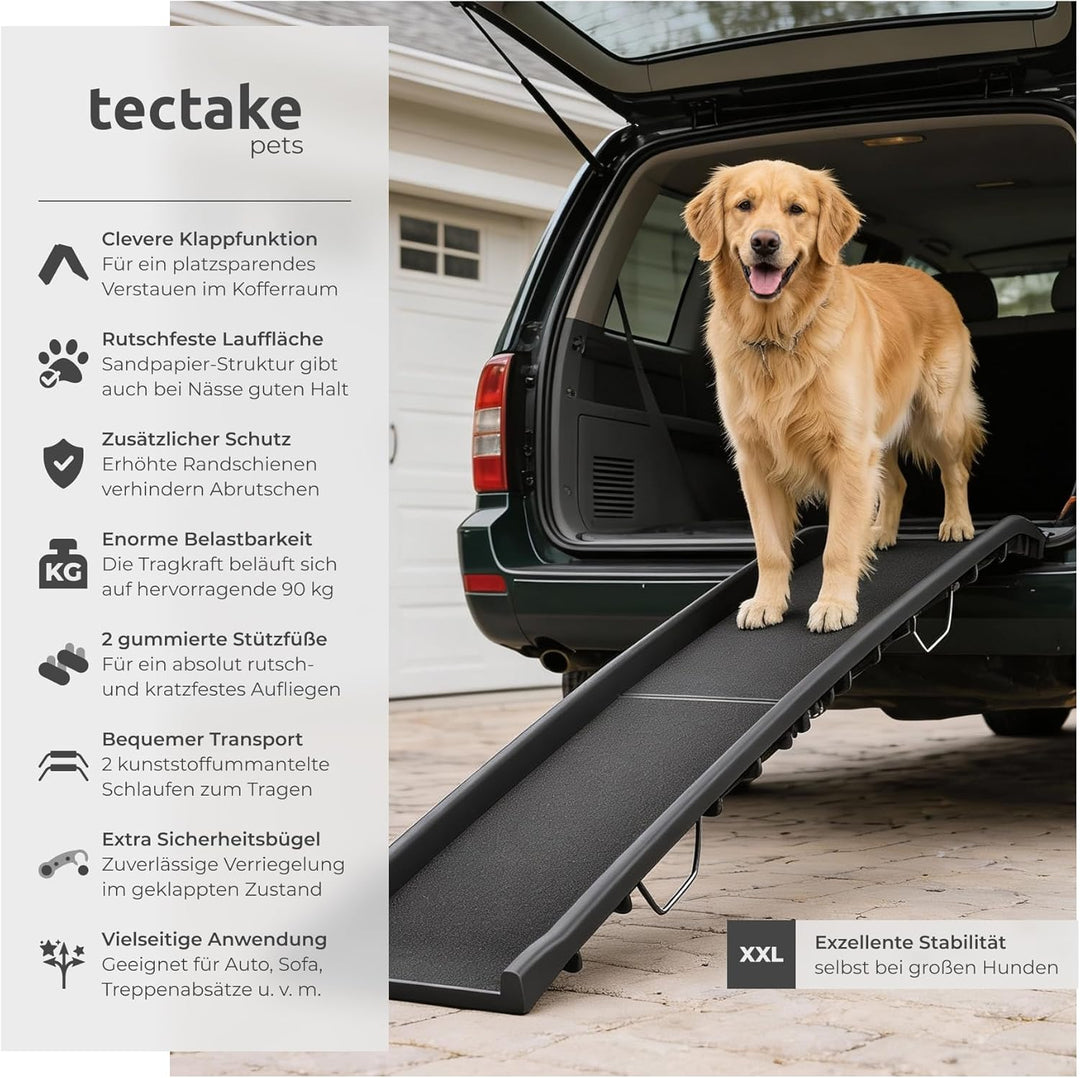 tectake® Hunderampe, klappbar und rutschfest, bis 90kg, Hunderampe Auto mit Kofferraumschutz, Hausti