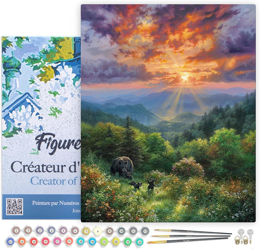 Figured'Art Malen Nach Zahlen Erwachsene Mit Rahmen Bär und Sonnenuntergang - Paint by Numbers Baste