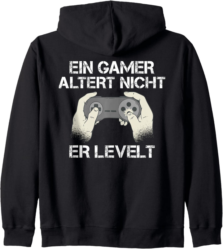 Backprint Ein Gamer altert nicht, er levelt Kapuzenjacke