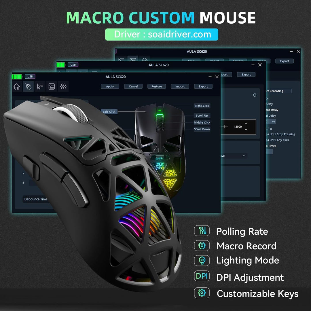 AULA SC620 Kabellose Gaming Maus,BT5.0/2.4G/USB-C,mit PixArt PAW3311-Sensor,12000DPI,8KHz,Feuertaste