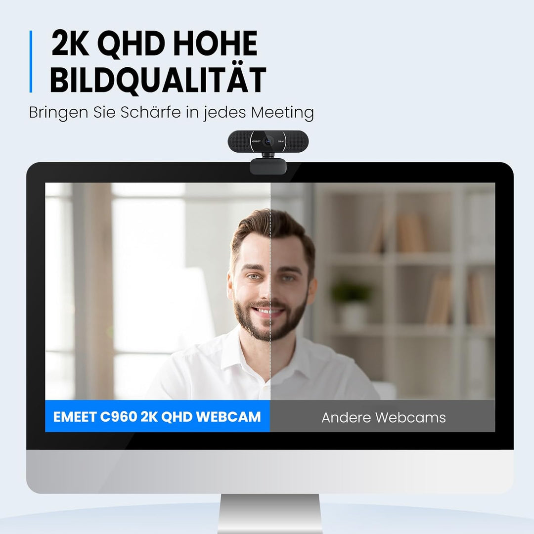 EMEET 2K Webcam - C960 2K Webcam mit Dual Mikrofon, Web Cam mit Objektivabdeckung, 76° Streaming Kam
