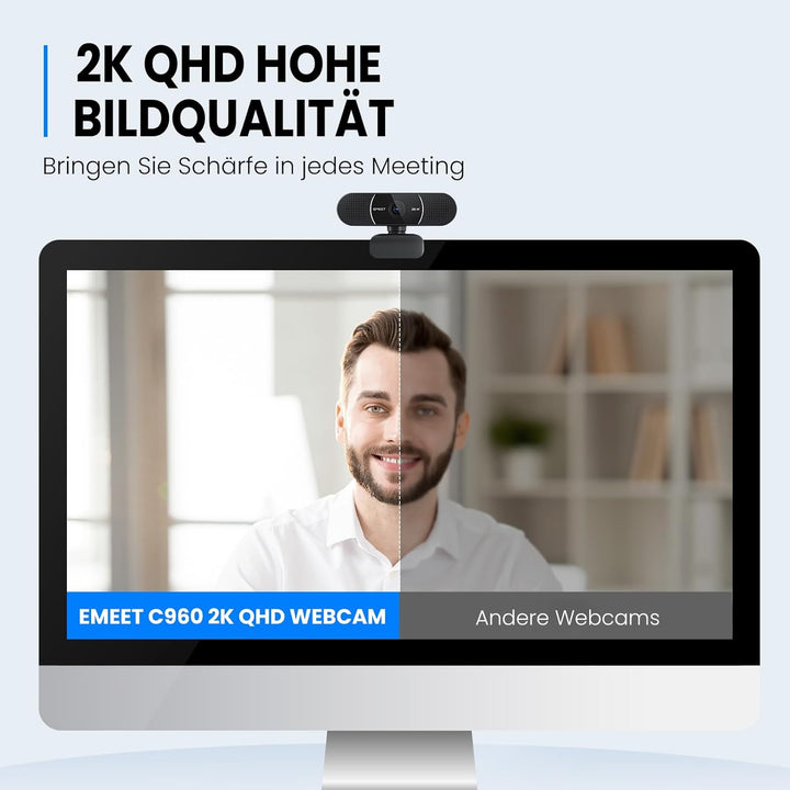 EMEET 2K Webcam - C960 2K Webcam mit Dual Mikrofon, Web Cam mit Objektivabdeckung, 76° Streaming Kam