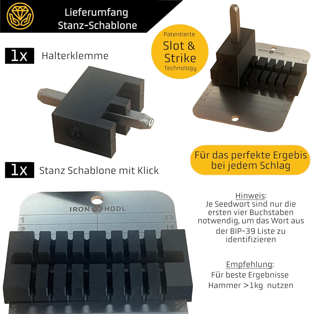 Cold Wallet Stanzbuchstaben Set mit Schablone + Testplatte, Schrauben, Sticker, Box (2x 24+1) Recove