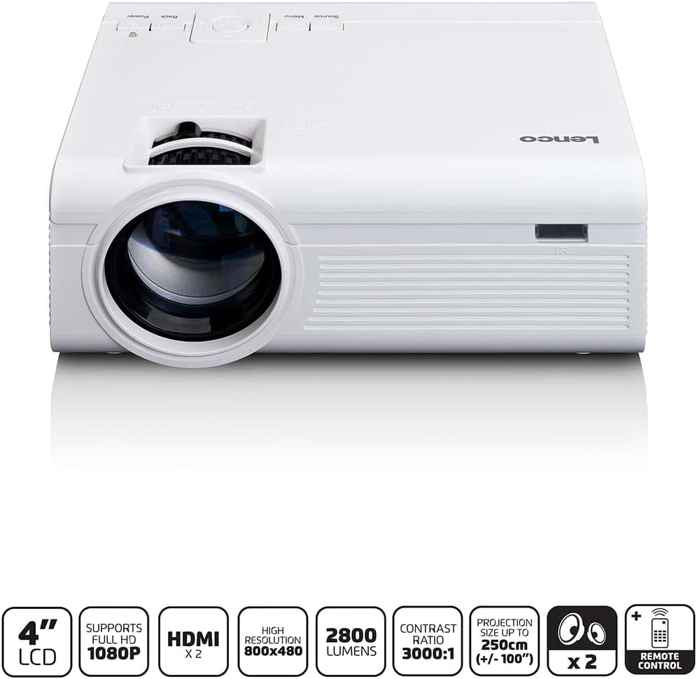 Lenco LPJ-280WH Beamer – 2800 Lumen, Full HD 1080P Unterstützung, Kontrast 3000:1, bis 250cm Bildgrö