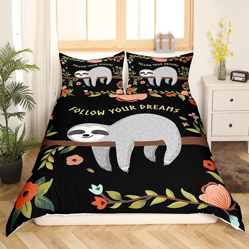 Loussiesd Faultier 155x220 cm Bettwäsche Set Kinder Faultier Tiere Bettbezug Tropische Blumen Blätte