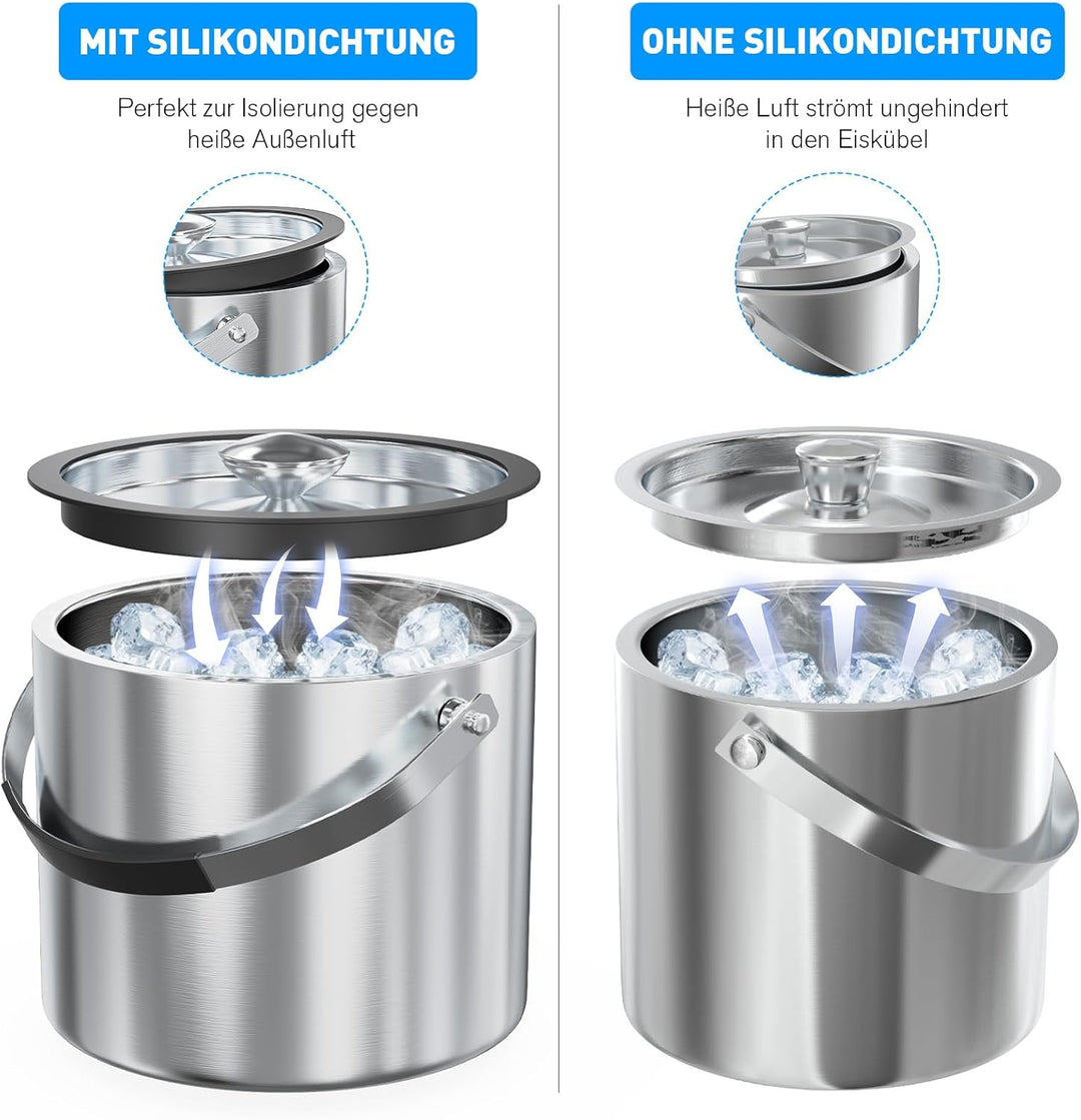 FiveHome 3,2L Edelstahl Eisbehälter mit luftdichtem Deckel, Sieb und Eiszange, Eiswürfelbehälter dop