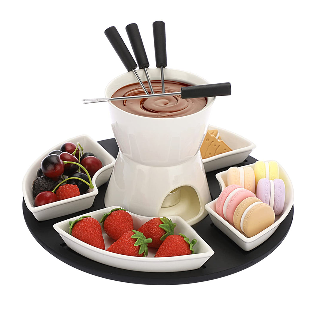 SUMNACON Keramike Schokofondue-Topf-Set mit Holzpalette 4 Gabeln 4 Tellern Schoko Fondueset Käsefond