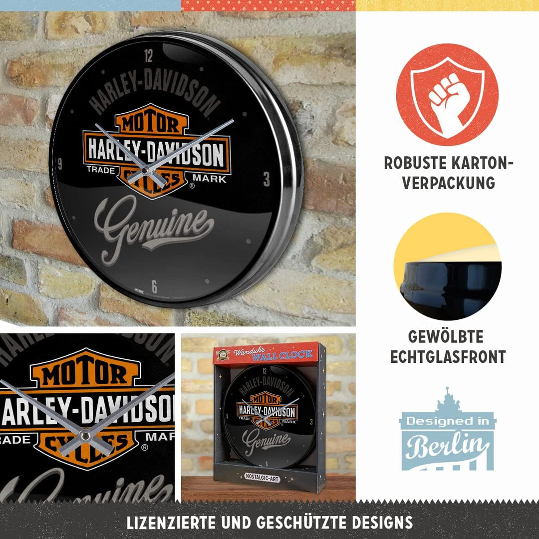 Nostalgic-Art Retro Wanduhr, Ø 31 cm, Harley-Davidson – Genuine – Geschenk-Idee für Biker, Grosse Kü