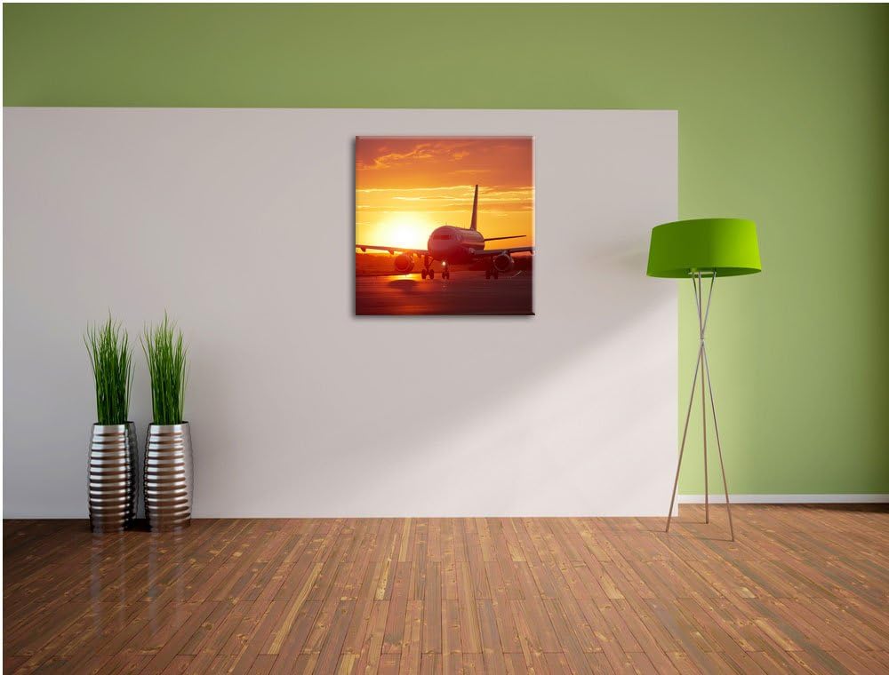 Pixxprint Flugzeug im Sonnenuntergang 70x70cm Leinwandbild Wandbild Kunstdruck, 70x70