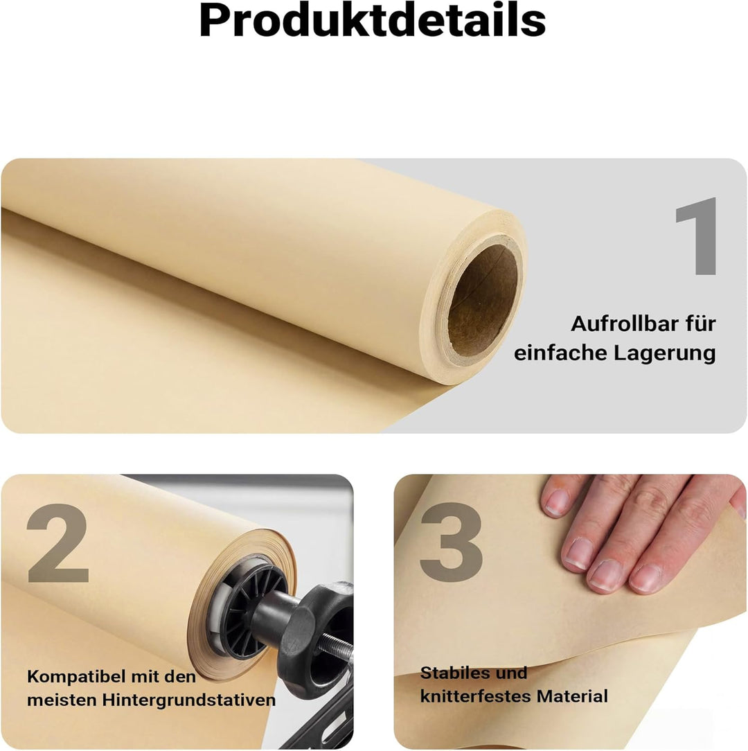 Walimex pro Hintergrundkarton 2,60 x 10 m light beige, robuster Fotohintergrund aus Karton, Fotolein
