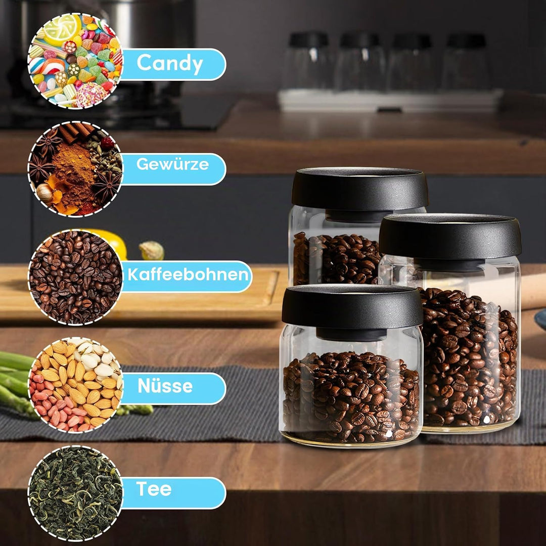 Lebensmittel Vorratsglas, 1200ml Luftdicht Glasbehälter, Glas Kaffeebohnenbehälter, mit ABS Deckel,