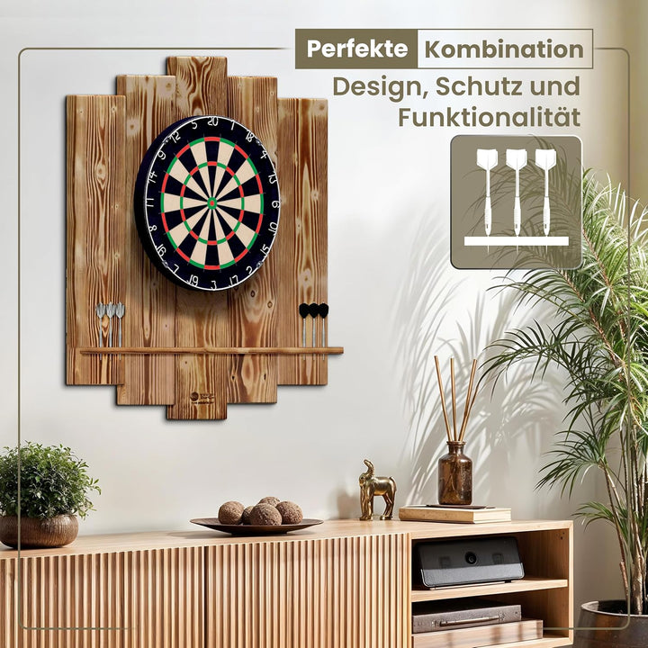 Wooden Dartboard Surround | Premium Dart-Wandschutz & Tablet-Halter (Optional) | Geflammter Burned L