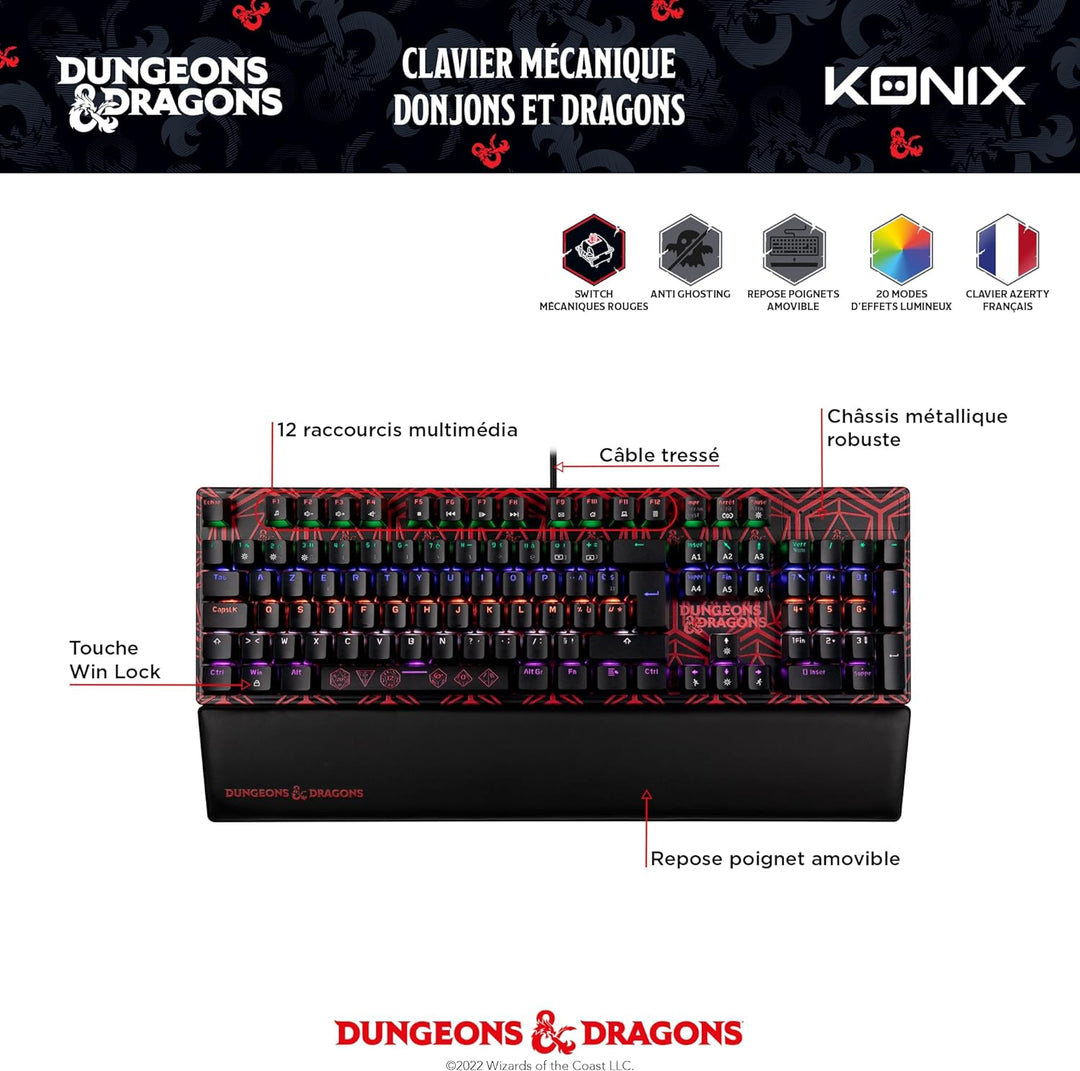 Konix Dungeons & Dragons Kabelgebundene mechanische Gaming-Tastatur AZERTY - Anti-Ghosting - 20 Lich