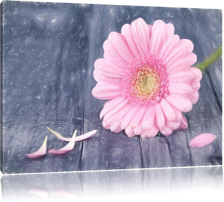 Pixxprint Pinke Gerbera auf rustikalem Boden Kunst Buntstift Effekt, Format: 100x70 auf Leinwand, 10