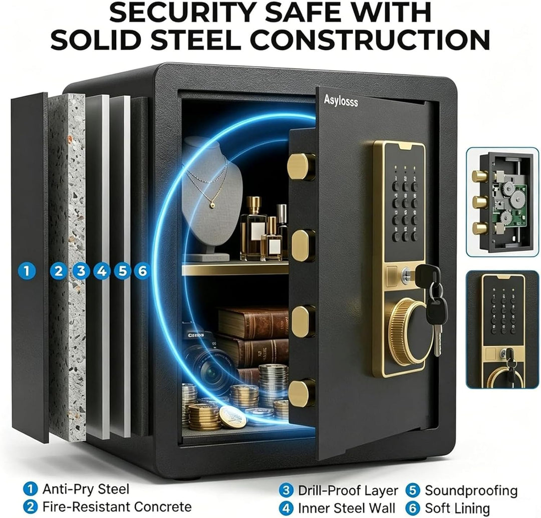 53L Digitaler Einbruchschutztresor mit 3-Wege-Schloss | Stahlbau, herausnehmbares Regal, Dual-Alarm,