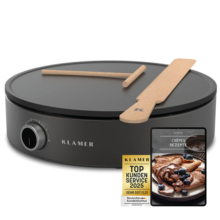 KLAMER Crepes Maker, Grosse Backfläche mit 33cm Ø, antihaftbeschichtete Platte, inkl. Teigverteiler
