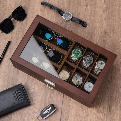 ProCase Uhrenbox Brillenbox aus Holz in Klavierlack hochglänzend, 2 Ebenen, Brillen Aufbewahrungsbox