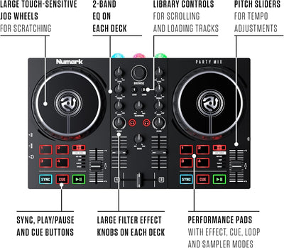 Numark Party Mix II – DJ Controller Pult mit 2 Decks, eingebauten DJ-Lichtern & DJ-Mixer; unterstütz