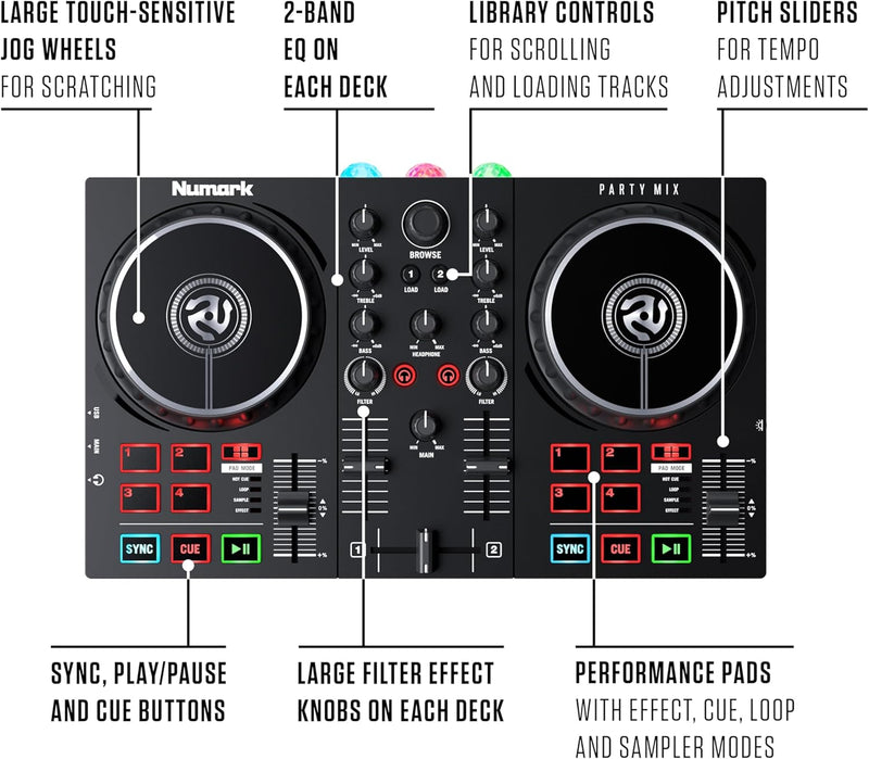 Numark Party Mix II – DJ Controller Pult mit 2 Decks, eingebauten DJ-Lichtern & DJ-Mixer; unterstütz