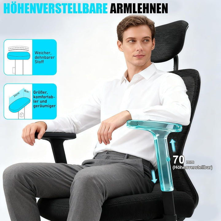 Bürostuhl, Ergonomischer Bürostuhl mit Verstellbarer 4D Lendenwirbelstütze, Schreibtischstuhl mit Ko