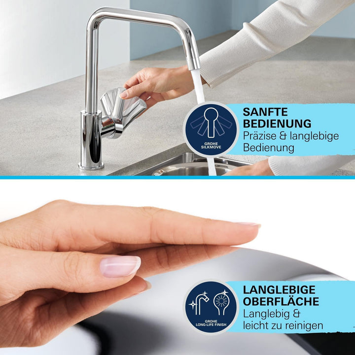 GROHE Start, Niederdruck Küchenarmatur mit hohem Auslauf (Wasserhahn Küche für offene Warmwasserbere