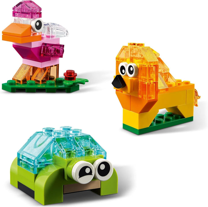 LEGO Classic Kreativ-Bauset mit durchsichtigen Steinen, mit Löwe, Vogel und Schildkröte, Konstruktio