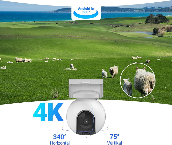 EZVIZ 4K 4G LTE Überwachungskamera Aussen Solar, 360° PTZ-Kamera mit 10400mAh Akku, 100% Kabellose,