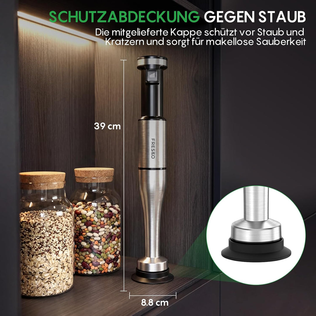FRESKO Stabmixer 1000W, Stufenlose Geschwindigkeitsregelung, Pürierstab aus Edelstahl inkl. Schneebe