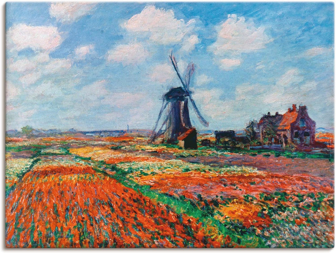 ARTland Leinwandbilder Wandbild Bild auf Leinwand 80x60 cm Wanddeko Idyll Dorf Windmühle Blumen Tulp