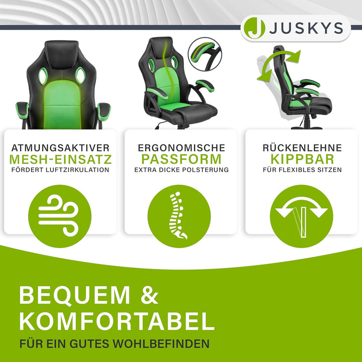 Juskys Racing Schreibtischstuhl Montreal grün | Armlehnen gepolstert & ergonomische Rückenlehne | Bü
