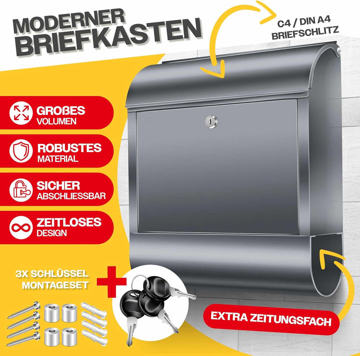 KESSER® Briefkasten XXL Edelstahl Anthrazit, Wandbriefkasten mit Zeitungsfach abschliessbar mit 3 Sc