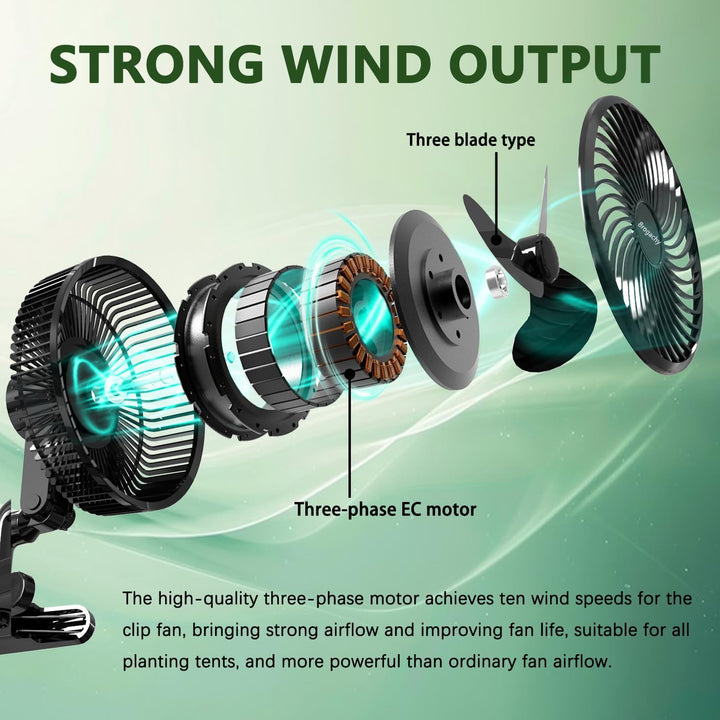 10W Grow Ventilator mit Clip, Automatische Oszillation,EC-Motoren mit 10-Geschwindigkeiten, Schutzar