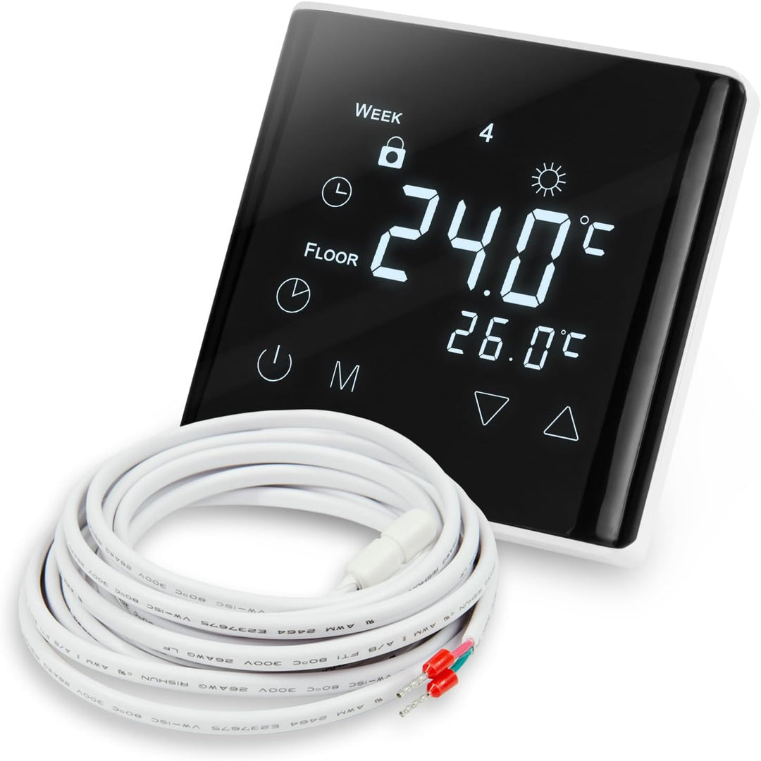 Modernes und elegantes Touchscreen Thermostat mit Programmiermöglichkeiten und inklusive Bodenfühler