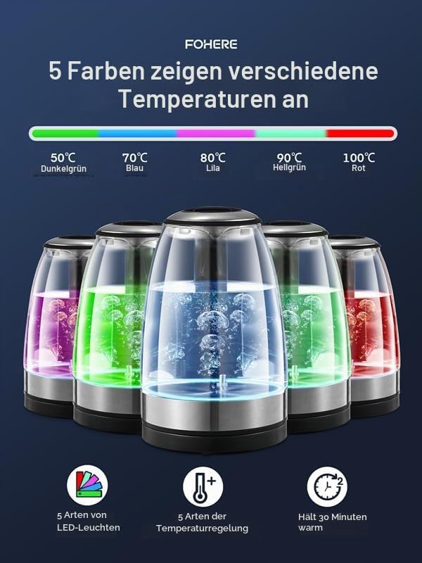 Wasserkocher mit Temperatureinstellung, FOHERE Wasserkocher Glas, Edelstahl Glas Wasserkocher Elektr