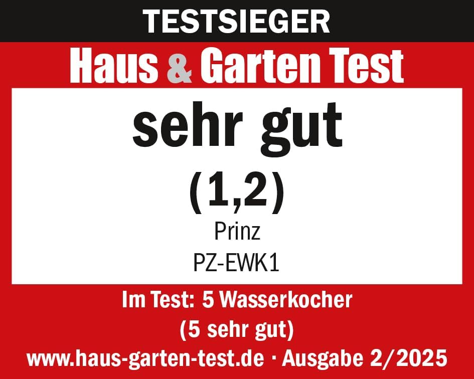 Prinz Edelstahl-Wasserkocher PZ-EWK1 – Testsieger Haus & Garten Test 02/2025 (Note 1,2 „Sehr gut“) –