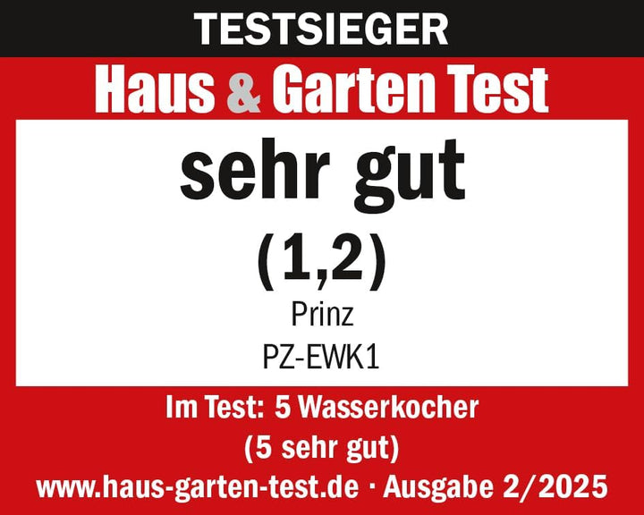 Prinz Edelstahl-Wasserkocher PZ-EWK1 – Testsieger Haus & Garten Test 02/2025 (Note 1,2 „Sehr gut“) –