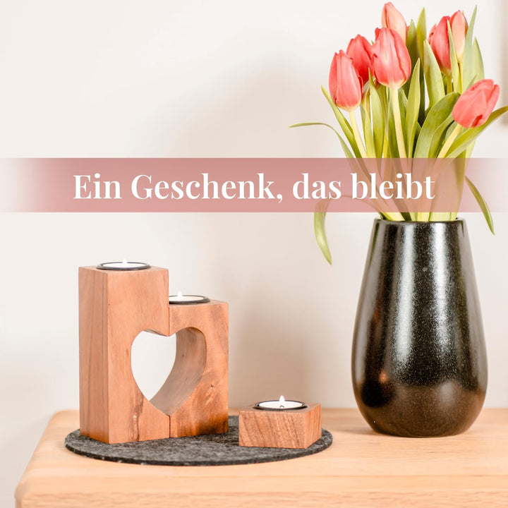 Plogis Herz Teelichthalter Holz - 3er Set aus 15cm Akazie - Kerze Jahrestag Geschenk für Sie - Holzh
