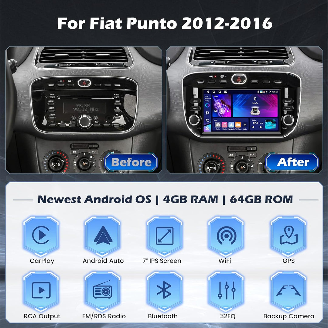 Hikity 4G+64G Autoradio Android 15 für FIAT Punto 2012-2016 mit 7-Zoll-Touchscreen, Stereo Radio mit
