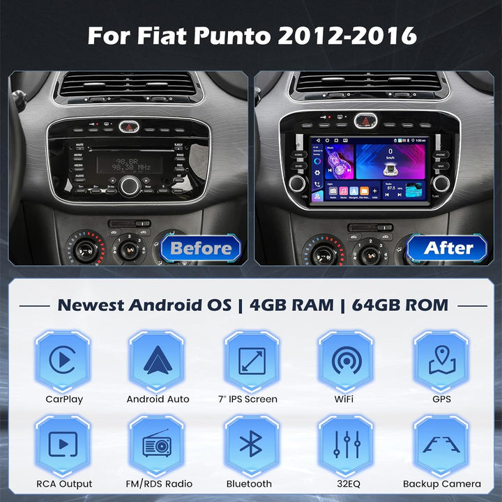 Hikity 4G+64G Autoradio Android 15 für FIAT Punto 2012-2016 mit 7-Zoll-Touchscreen, Stereo Radio mit