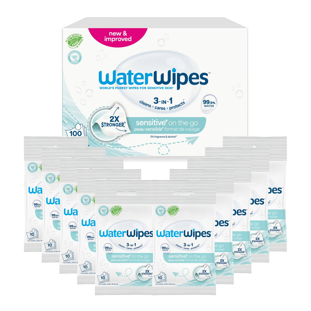 WaterWipes Sensitive+ On The Go Wipes, Unterwegs-Tücher, 100 Stück (10 Packungen), 3-in-1 reinigt, p
