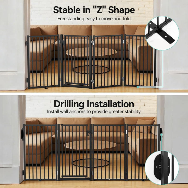 COMOMY Metall Hundegitter Freistehend mit Tür, 203cm Extra Breit Absperrgitter Hund Wohnung, 81cm Ho