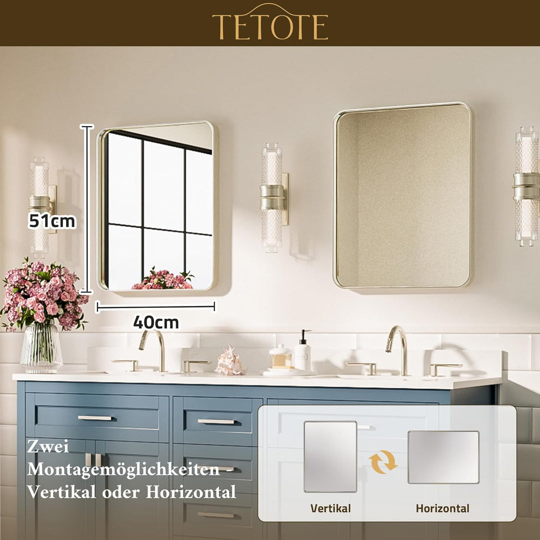 TETOTE 40x50cm Wandspiegel Nickel Ohne Beleuchtung, Rechteckig Badspiegel mit Runder Ecke, Metallrah