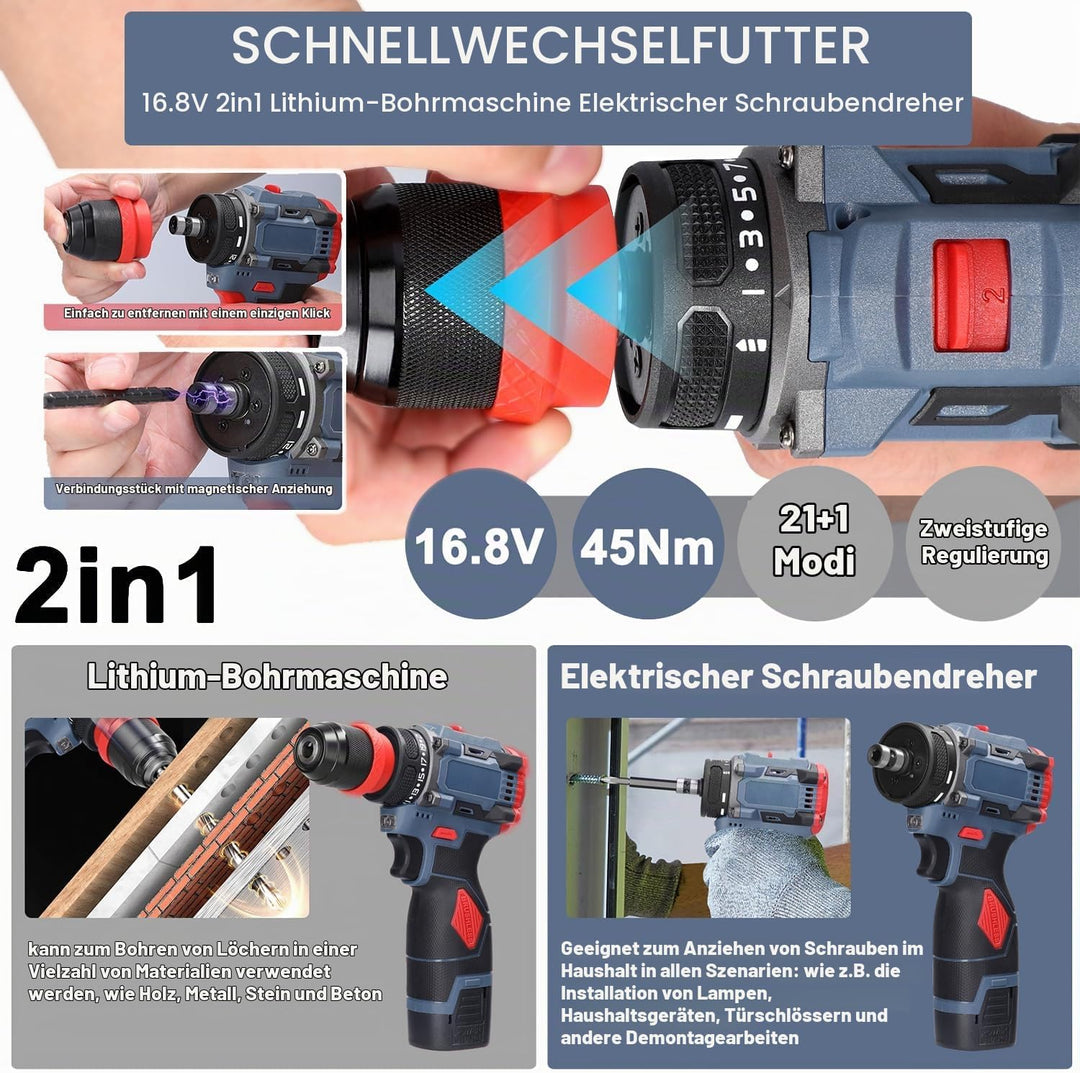Akkuschrauber Klein 16,8V Mini Akku Bohrschrauber mit 2x 1300 mAh Akkus, max. 45 Nm, 21+1 Drehmoment
