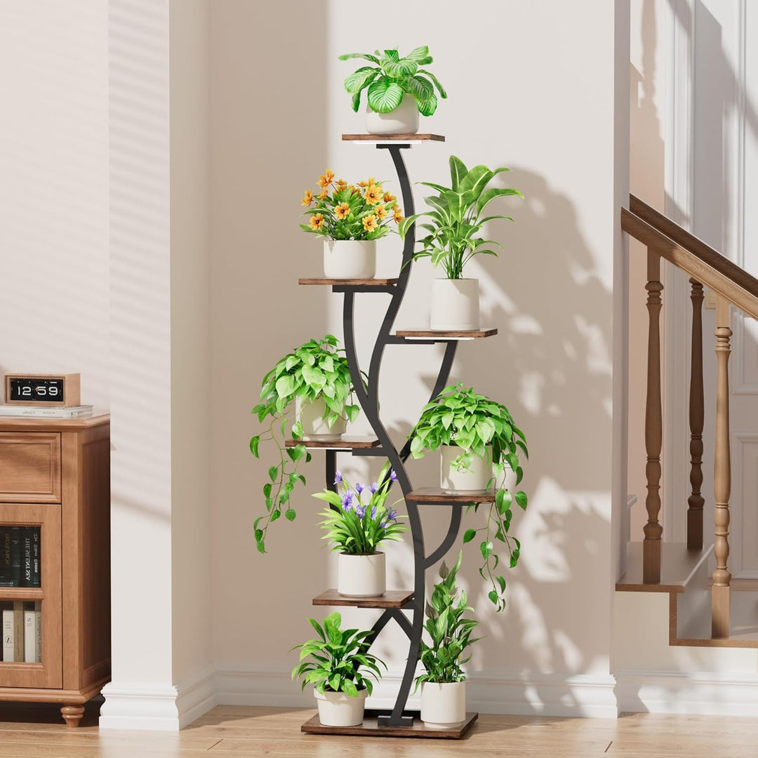 Pflanzenregal mit Wachstumslicht - 7 Ebenen Blumenständer 147cm Metall Holz Pflanzenständer - Innen
