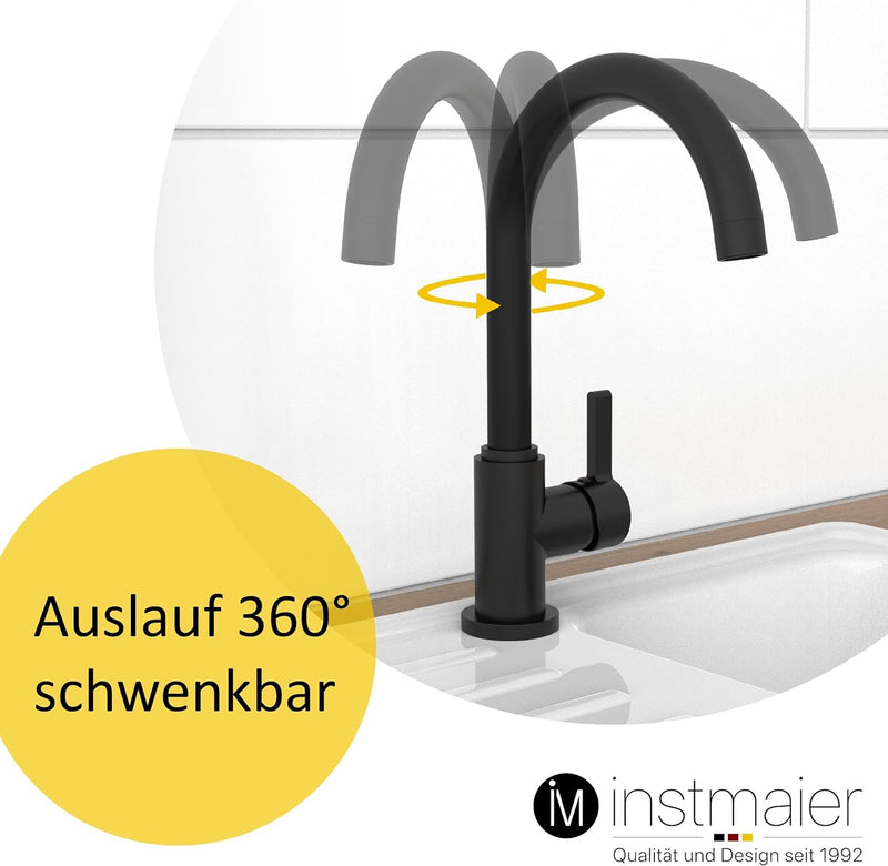 instmaier K3 Niederdruck Küchenarmatur | Wasserhahn Küche Schwarz matt | Spültischarmatur mit hohem