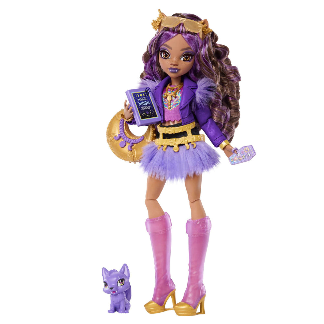 Monster High-Puppe, Clawdeen Wolf in violetter Moto-Jacke und Fellrock mit Wolfsjungem Crescent und