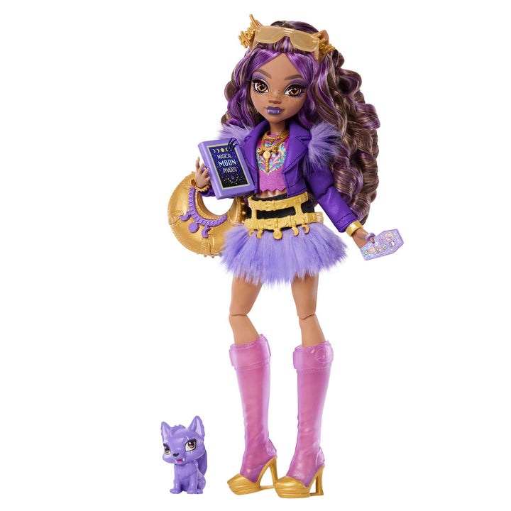 Monster High-Puppe, Clawdeen Wolf in violetter Moto-Jacke und Fellrock mit Wolfsjungem Crescent und