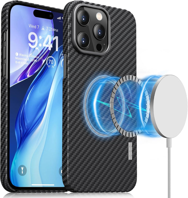 memumi Magnetische Carbon Hülle für iPhone 15 Pro Max, [Kompatibel mit Mag-Safe] 100% Aramidfaser Hü